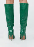 Knee high boots Faux leather material  Croc print  Pointed toe  Stiletto heel 
