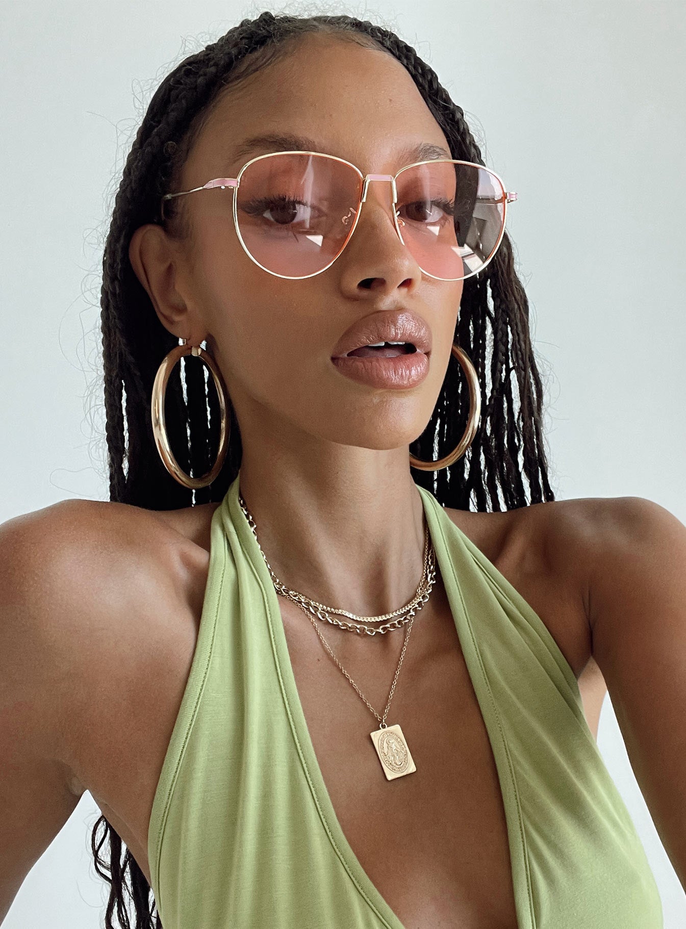 Aviator sunglasses Gold-toned metal frame  Pink tinted lenses  Adjustable silicone nose pads 