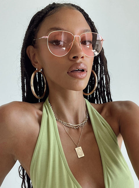 Aviator sunglasses Gold-toned metal frame  Pink tinted lenses  Adjustable silicone nose pads 