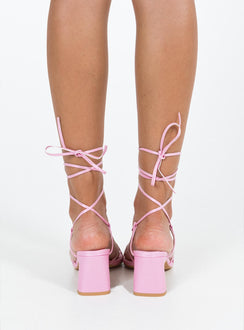Pink heels Faux leather material Strappy upper Shaved block heel Square toe Ankle wrap fastening
