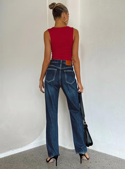 product Princess Polly Mid Rise  Holly Asymmetric Straight Leg Jean Dark Wash Denim