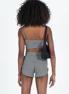 Grey matching set Crop top Adjustable shoulder straps Sweetheart neckline Bike shorts Thick elasticated waistband Good stretch Unlined
