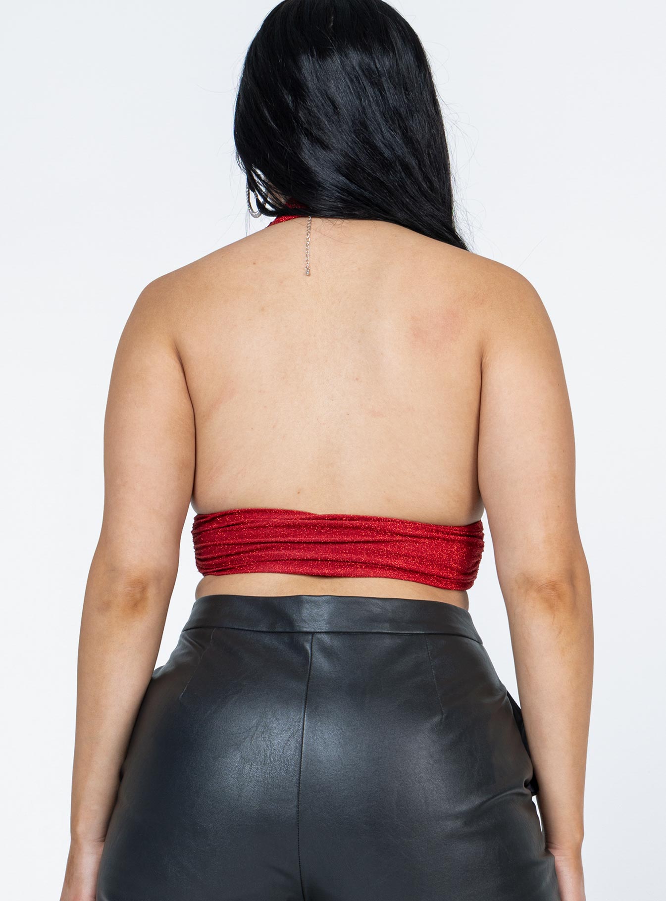 back view of model wearing Princess Polly Jordy Top Red Glitter Sleeveless Plunger 