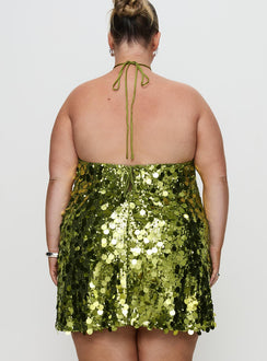 back view of model wearing Princess Polly Fluorescents Halter Mini Dress Green Curve Asymmetric Neckline 