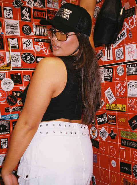 back view of model wearing Princess Polly Punk Rocker Tank Top Black Curve 