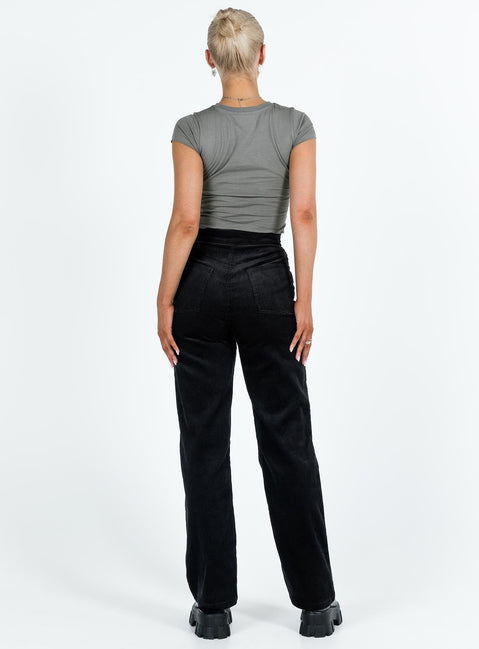 Front view of model wearing  front Princess Polly High Waisted Pants High Waisted Pants High Waisted Pants  Uptown Cord Pants Black