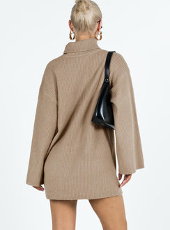 Long sleeve mini dress Ribbed knit material Turtle neck Drop shoulder