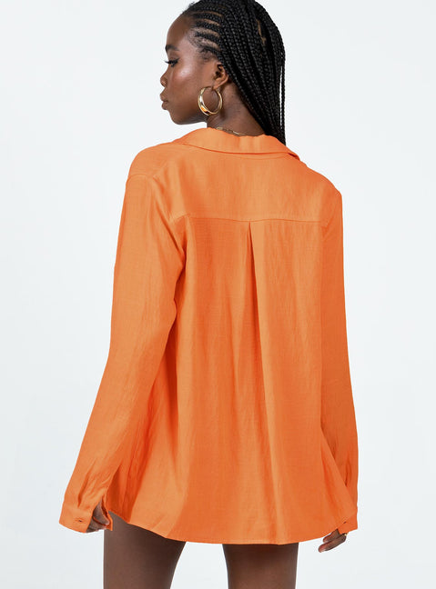 Orange matching set Classic collar Button front fastening Single-button cuff High waisted shorts  Drawstring waistband