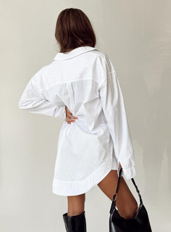 back view of model wearing Princess Polly Koumi Mini Shirt Dress White V-Neck 