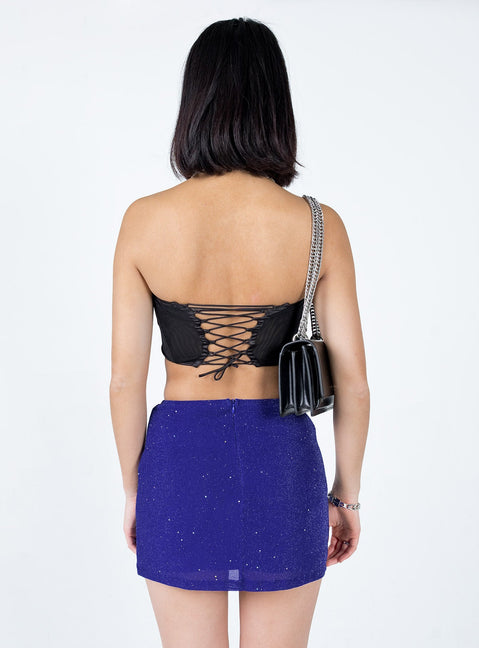 back view of model wearing Princess Polly Selby Mini Skirt Blue Glitter Mini Skirts Skirts 