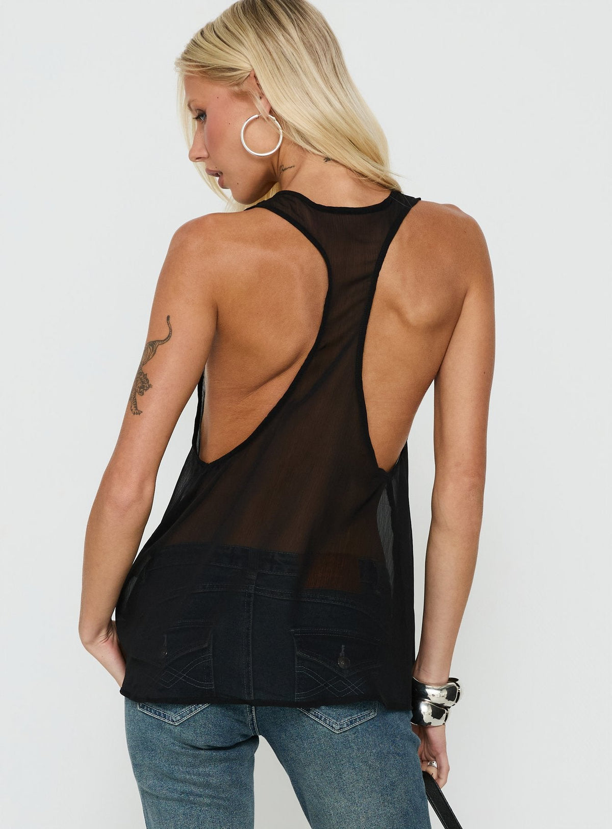 Orelea Sheer Chiffon Racerback Tank Top Black