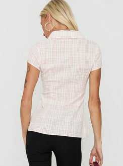 Raylynn Frill Detail Short Sleeve Collared Top Pink Check