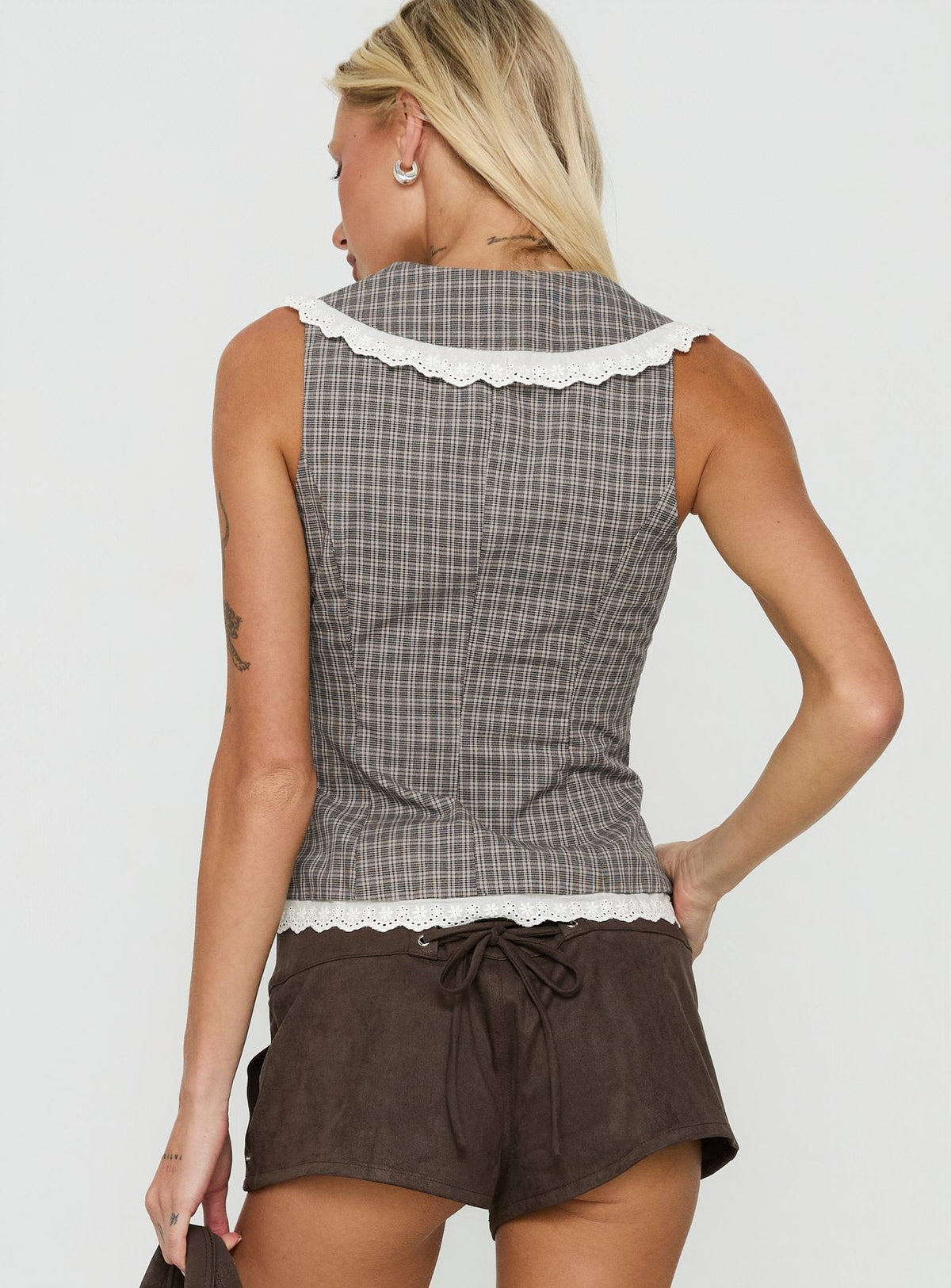 Mayci Collared Lace Trim Top Brown Check