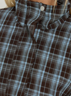 Lunna Funnel Neck Jacket Blue / Brown Check