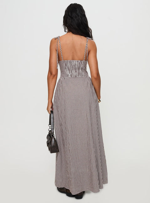 Dalanie Tie Strap Maxi Dress Brown Gingham Petite