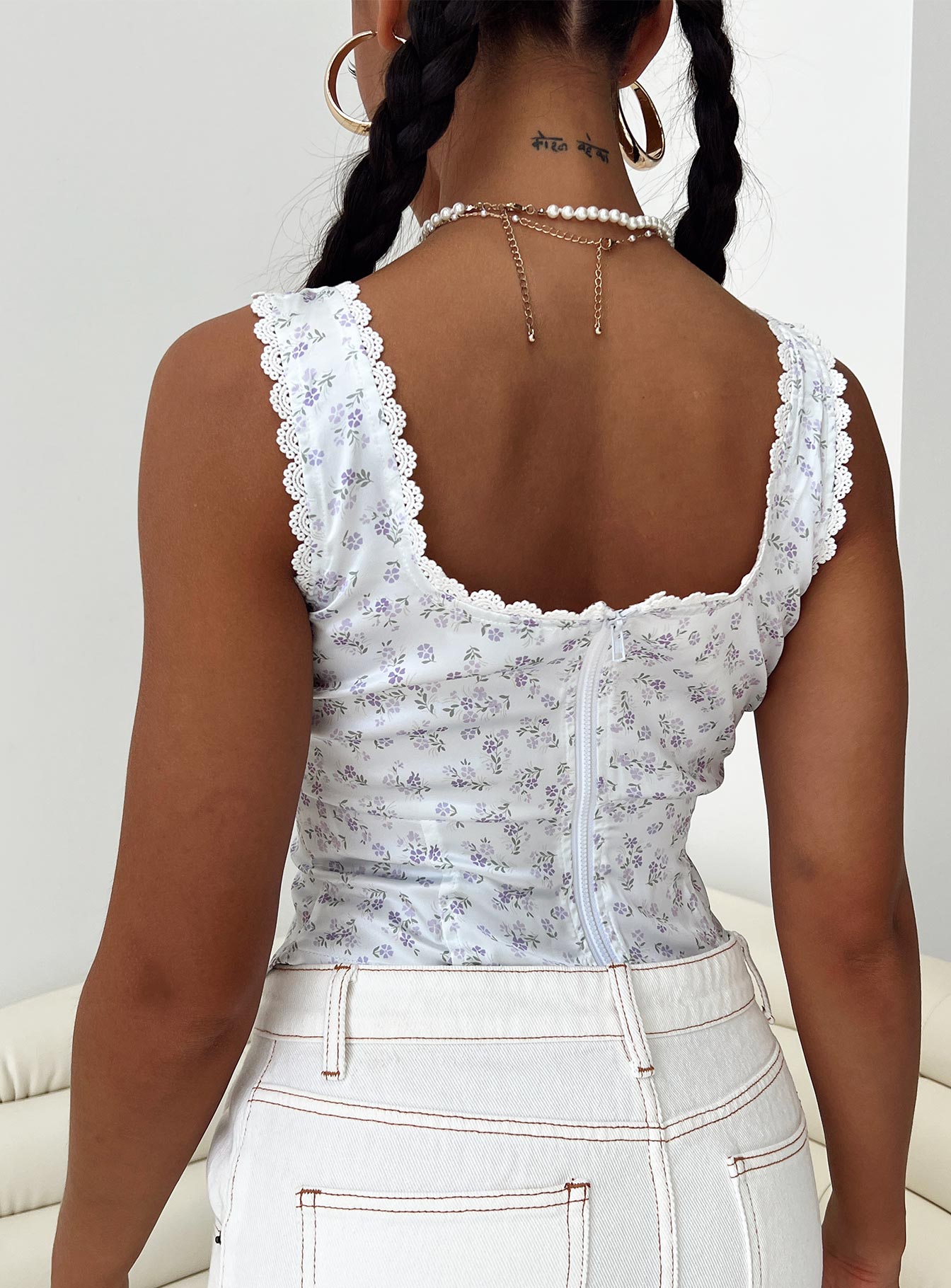 product Princess Polly Sleeveless Square Neck  Berlin Satin Top White / Purple Floral