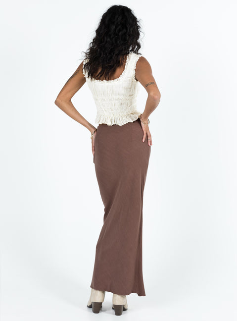 Brown maxi skirt Linen look material Invisible zip fastening at side