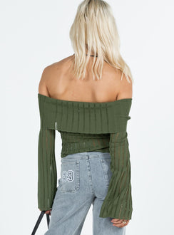 Green off the shoulder top Knit material Folded neckline Inner silicone strip at bust Flared sleeves
