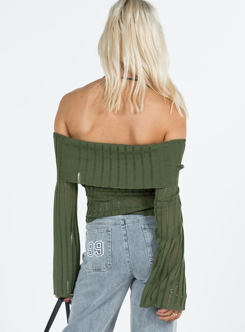 Green off the shoulder top Knit material Folded neckline Inner silicone strip at bust Flared sleeves