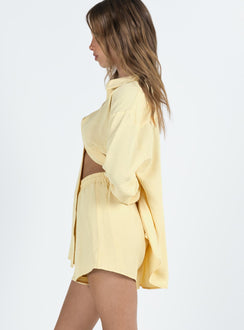 Yellow shirt and shorts set Button up shirt Classic collar High waisted shorts Elasticated drawstring waist