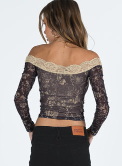 product Princess Polly Full Sleeves Square Neck  Motel Nagita Top Batik Botanical Dark Brown