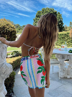 Sarong Graphic print Slightly sheer Adjustable wrap Tie fastening Lettuce edge hem Good stretch 