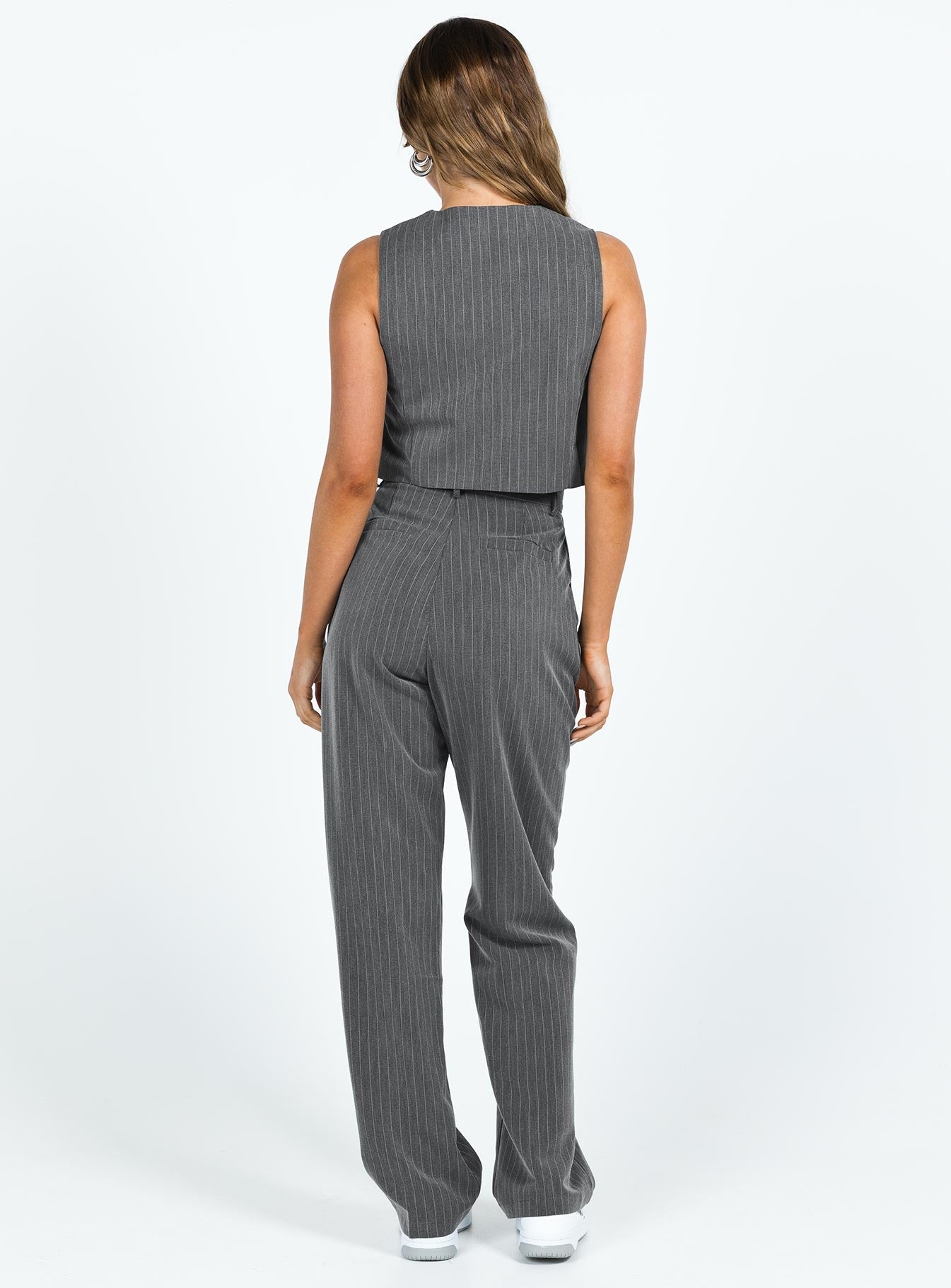 back view of model wearing Princess Polly Purley Pinstripe Pants Grey 