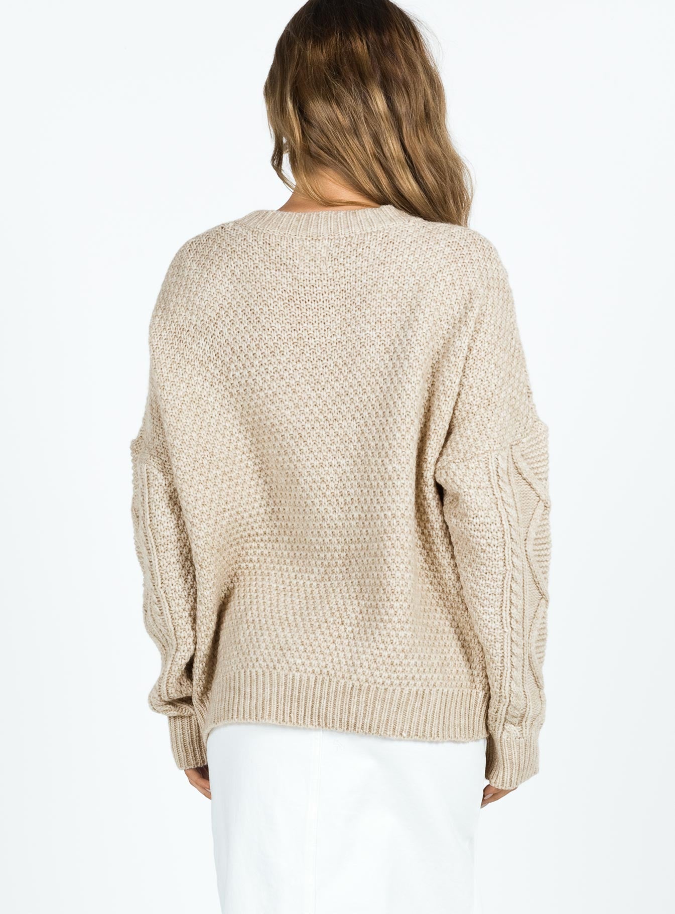 back view of model wearing Princess Polly Canlish Cable Sweater Latte Long 