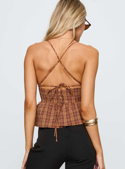 back view of model wearing Princess Polly Croatia Frill Top Brown Check Sleeveless V-Neck 