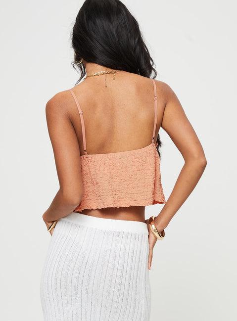V-neck crop top, crinkle material  Adjustable shoulder straps, frill trimming, elasticated under bust band, fixed tie detail at bust 