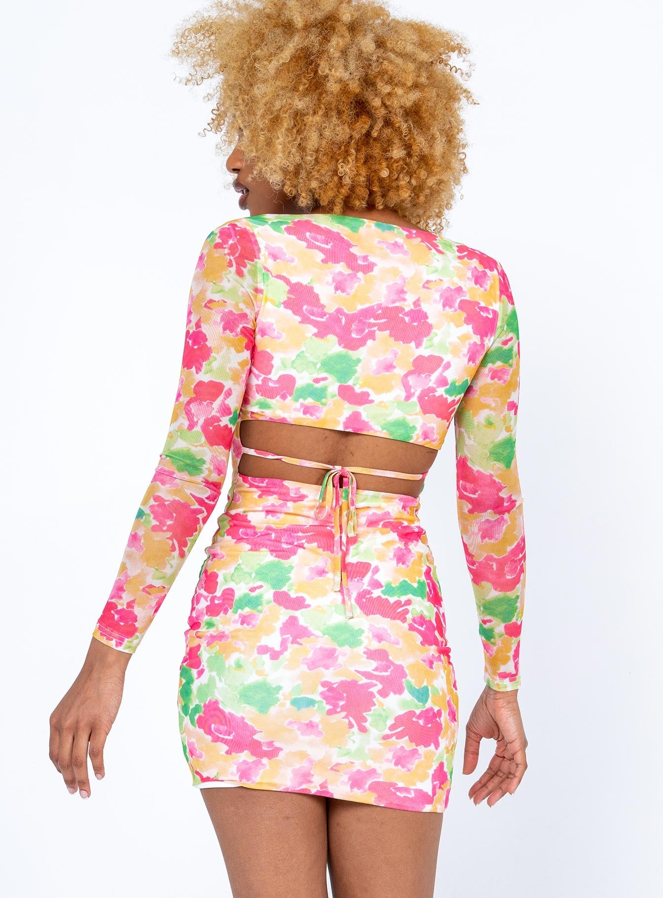 back view of model wearing Princess Polly Nolan Mini Dress Floral 