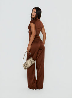 Presenting the Aubrette Satin Tie Pants Chocolate womens-regular-pants in high-rise wide-leg style back view of model wearing Princess Polly