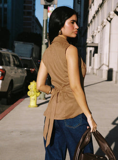 back view of model wearing Princess Polly Oh So Retro Faux Suede Vest Beige Sleeveless V-Neck 
