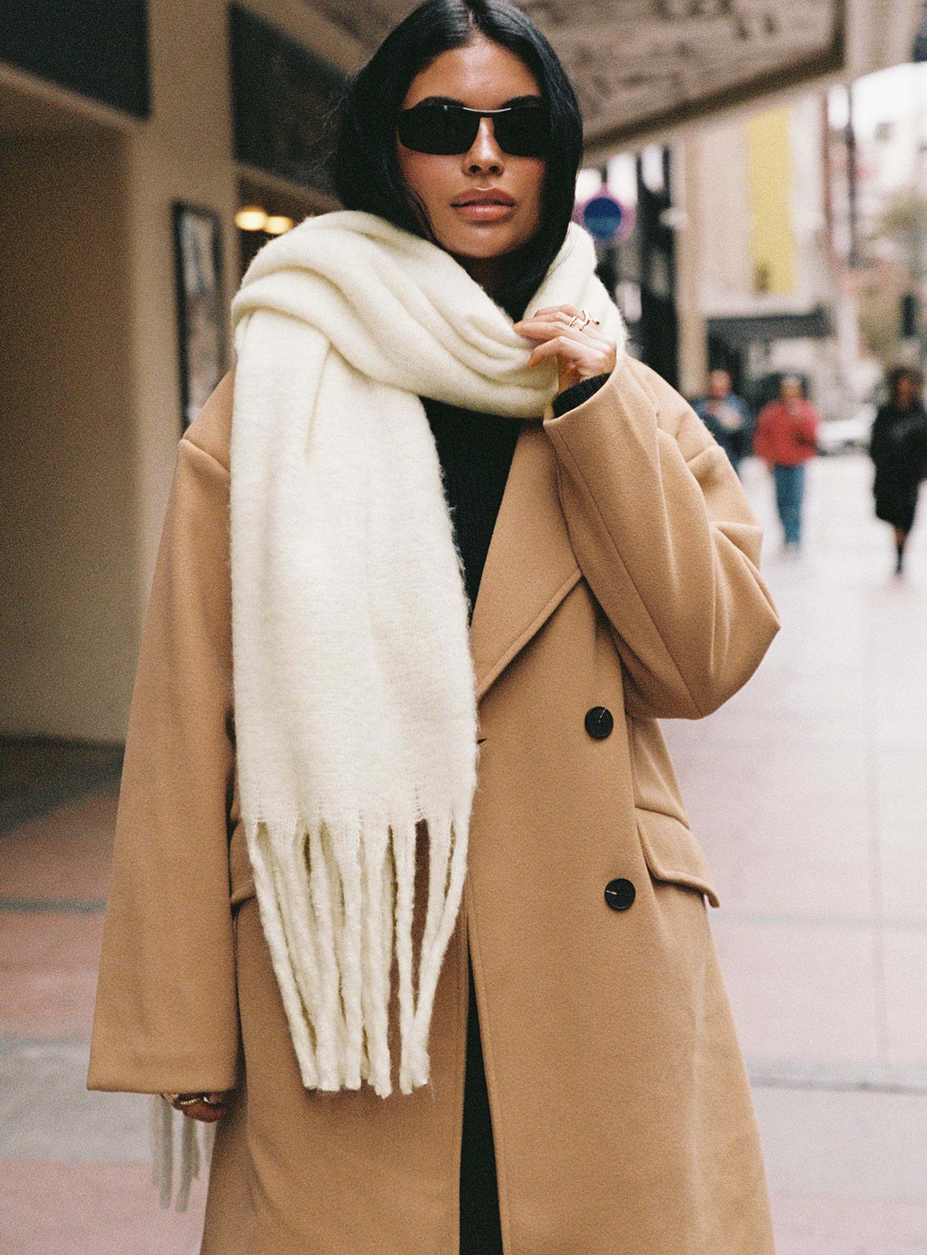 Camel Longline coat Lapel collar, button fastening at front, front pockets