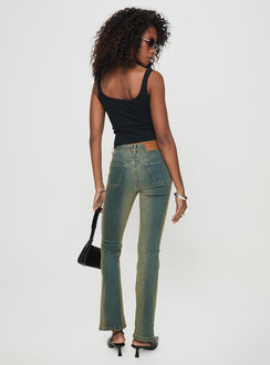 back view of model wearing Princess Polly Sandman Flare Jeans Antique Wash Mid Rise 
