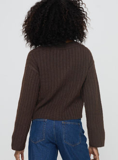 back view of model wearing Princess Polly Romona Knit Cardigan Chocolate Cropped 