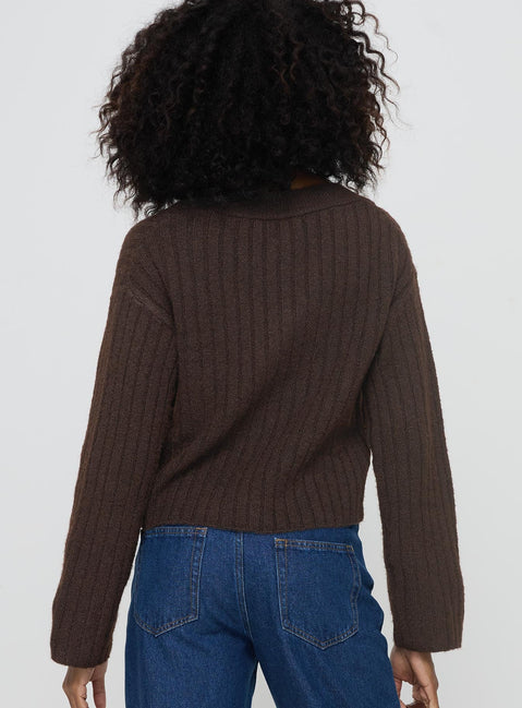back view of model wearing Princess Polly Romona Knit Cardigan Chocolate Cropped 