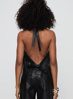 back view of model wearing Princess Polly Hills Halter Onyx Sleeveless V-Neck 