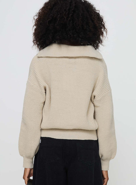 back view of model wearing Princess Polly Merivale Knit Sweater Beige Cropped 