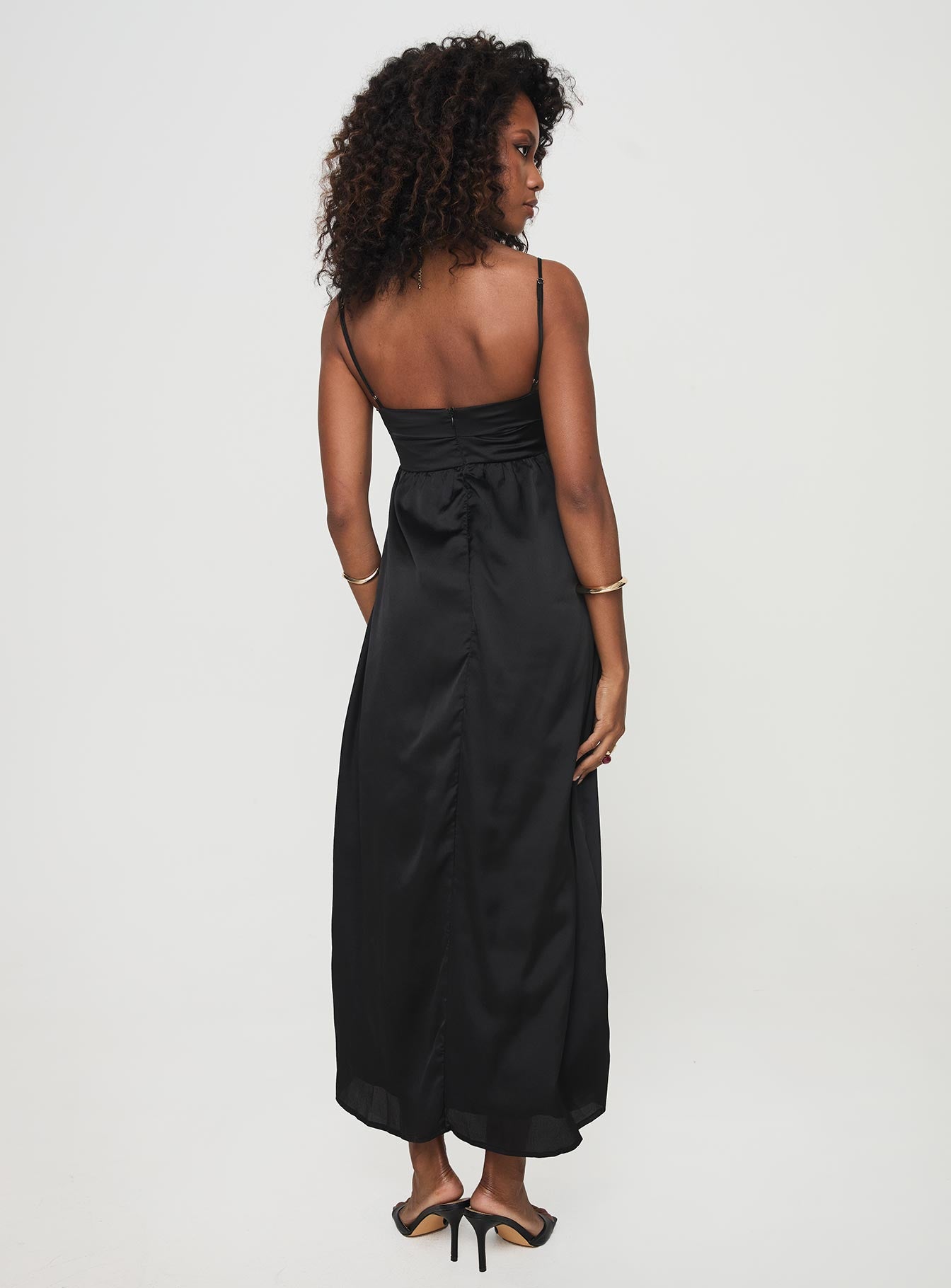 back view of model wearing Princess Polly Ortega Maxi Dress Black Square Neck 