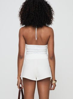 back view of model wearing Princess Polly Grigio Cord Shorts Ivory High Waisted Shorts 