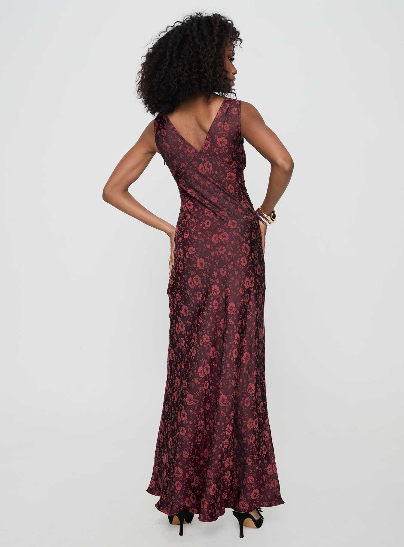 back view of model wearing Princess Polly Nell Jacquard Maxi Dress Burgundy V-Neck 