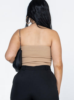 back view of model wearing Princess Polly Kallista Bodysuit Beige Sleeveless Sweetheart 