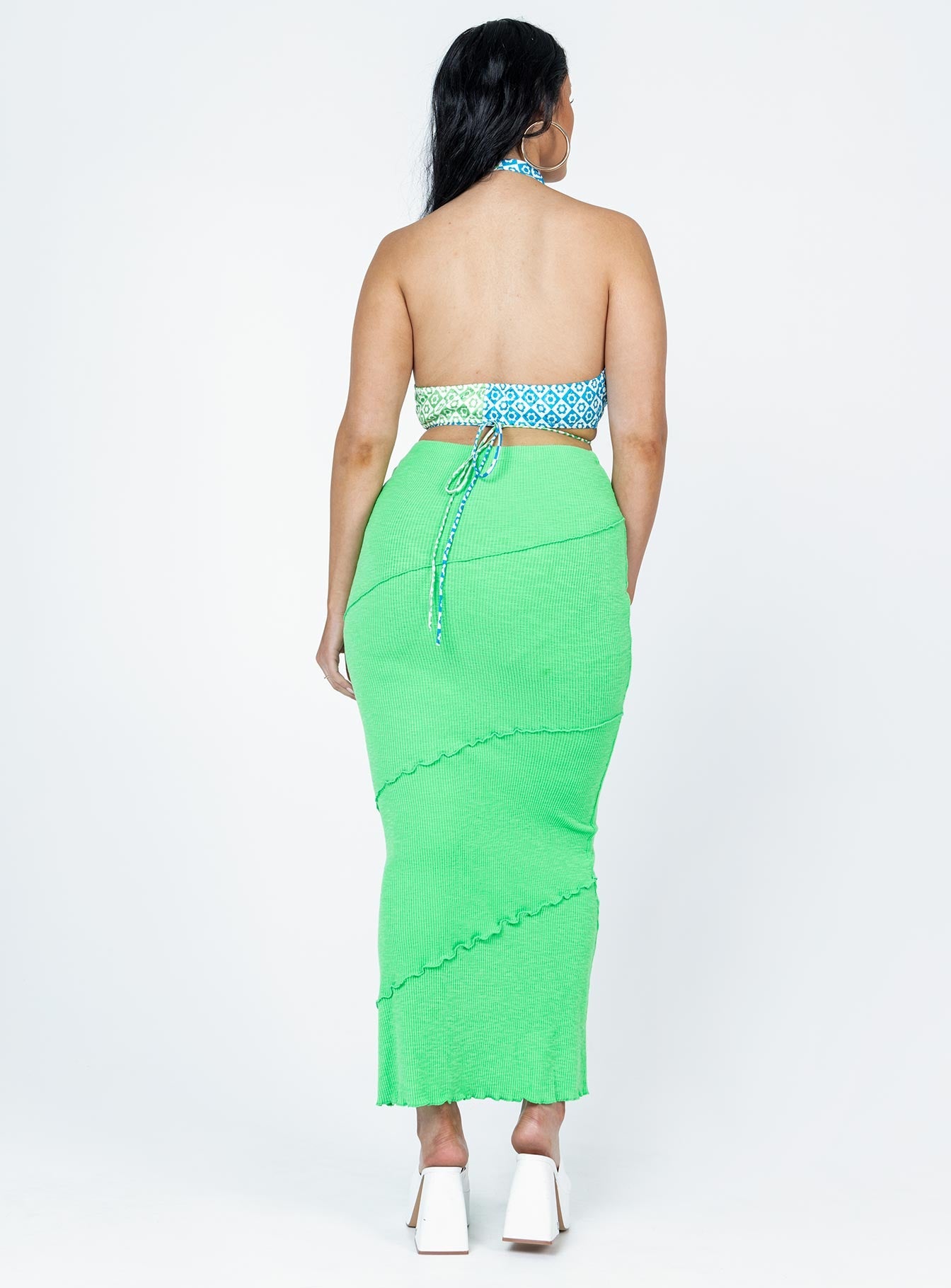 back view of model wearing Princess Polly Oscar Maxi Skirt Apple Green Maxi 