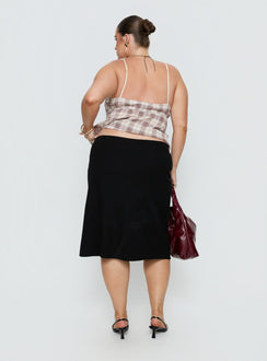 back view of model wearing Princess Polly Baseline Rib Midi Skirt Black Curve Midi Skirts Skirts 