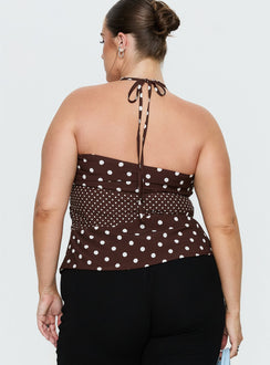 Marguerite Halter Top Brown Polka Curve