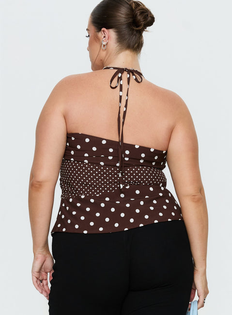 Marguerite Halter Top Brown Polka Curve