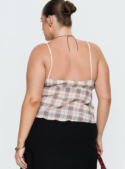 Pretty It Up Tie Detail Top Beige Check Curve