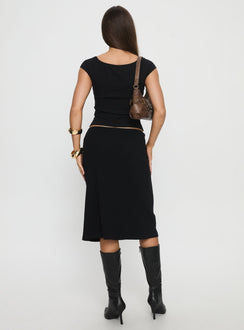 back view of model wearing Princess Polly Baseline Rib Midi Skirt Black Midi Skirts 