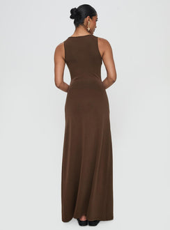 back view of model wearing Princess Polly Sanur Maxi Dress Brown Scoop Neck 